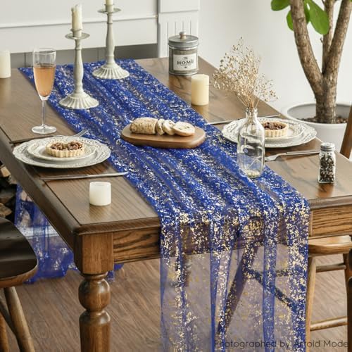 Artoid Mode 6PCS Blue Gold Gauze Table Runner 120 Inch 10FT, Glitter Metallic Foil Sheer Dining Wedding Anniversary Holiday Table Decor for Home Party - Image 3