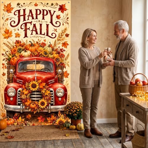 Happy Fall Vertical Door Banner, 35×71 Inch Autumn Front Door Hanging Flag Decor with Vintage Red Truck Pumpkins Sunflower Maple Leaves Backdrop Design for Farmhouse Porch Yard Thanksgiving Harvest - Image 6