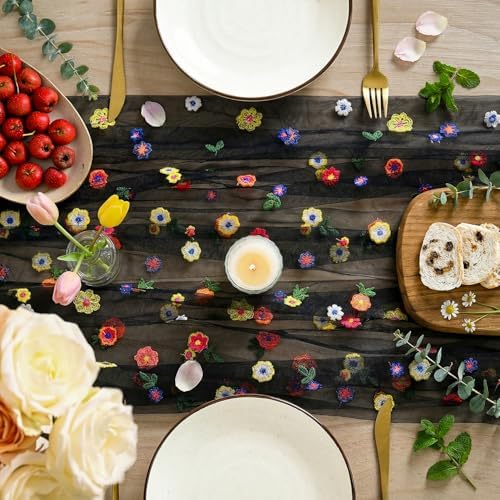 Artoid Mode Black Embroidery Daisy Gauze Table Runner 59x120 Inch 10FT - Image 3