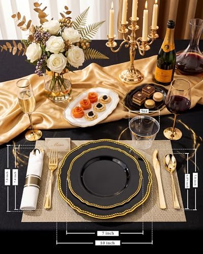 Hioasis 175 Pcs Black and Gold Plastic Plates Wedding & Party - Image 2