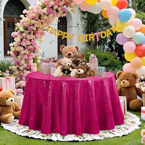 Pufogu 50" Round Fuchsia Sequin Tablecloth Glitter Fuchsia Table Cloths for Birthday Wedding Bridal Baby Shower Party Decorations - Image 2