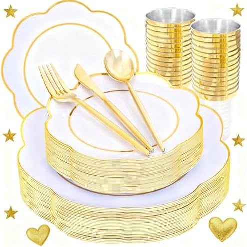 ejonirinjonir 180pcs Double Gold Trim White Plastic Plates for Wedding Gala by Ejonirinjonir