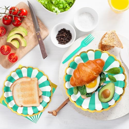 96PCS Green Party Paper Plates with Gold Scalloped Edge, Green Scalloped 9inch 7inch Dessert Paper Plates Party Supplies for Birthday Bridal Shower Picnic, Serve for 24 Guests, Striped - Image 6