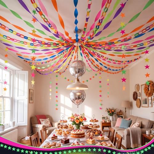 Frienda 300 Sheets Colorful Paper Chains Strips and 492 ft Crepe Paper Streamers, 52.8ft Gold Star Garlands Backdrop for Wedding Birthday Party Decorations DIY Crafts (Neon,Colorful) - Image 5