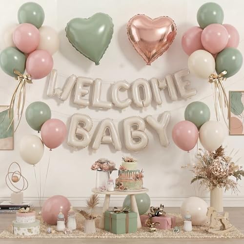 Pink and Green Baby Shower Decorations, WELCOME BABY Letter Foil Balloons Banner Backdrop Set with Sage Green Rosa Gold Cream Beige Latex & Heart Balloon for Newborn Infant Gender Reveal Party Decor by KYGNE