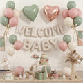Pink and Green Baby Shower Decorations, WELCOME BABY Letter Foil Balloons Banner Backdrop Set with Sage Green Rosa Gold Cream Beige Latex & Heart Balloon for Newborn Infant Gender Reveal Party Decor by KYGNE