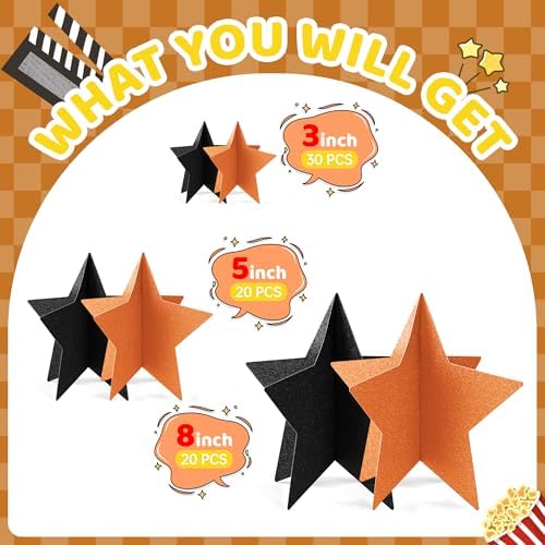 70 Pcs Orange and Black Star Centerpieces Halloween Party Birthday Graduation Decorations 3D 2025 Table Decor 3 Sizes 8" 5" 3" Citrus Thanksgiving Trick or Treat Spooky Ghost Party Bar Decoration - Image 2