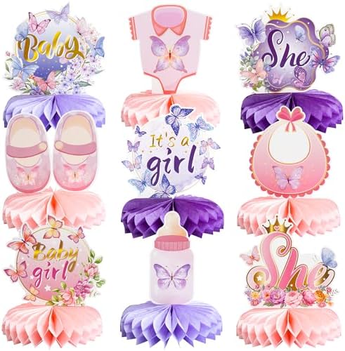 Gyufise 9Pcs Butterfly Baby Shower Decorations Girl Honeycomb Table Centerpieces It's a Girl Table Toppers for Gender Reveal Birthday Party Decor Pink Purple by Gyufise