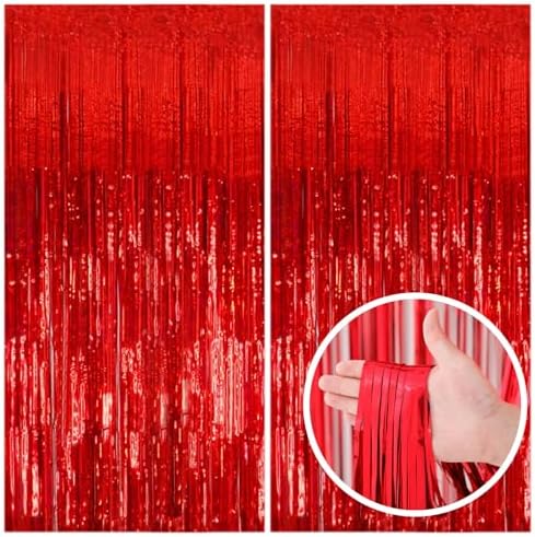 2 Pack Red Streamers Party Backdrop Christmas Decorations Foil Fringe Backdrop Curtains Carnival Casino Theme Birthday New Year Holiday Celebration Bachelorette Party Decorations Supplies by BOMSI