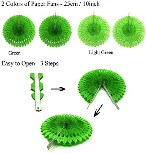 ZERODECO Party Decoration, 21 Pcs Green Hanging Paper Fans, Pom Poms Flowers, Garlands String Polka Dot and Triangle Bunting Flags for Golf Party Dinosaur Birthday Parties Arbor Day - Image 3