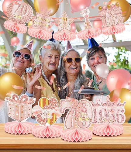 9 Pcs 70th Birthday Decoration for Women 1956 Pink Table Honeycomb Decor - Image 3