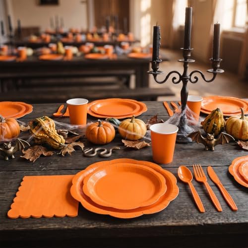 Orange Party Dinnerware Set, 175 Pcs Disposable Decagonal Paper Plates, Cups, Napkins and Plastic Cutlery, Serves 25 for Halloween, Thanksgiving and Fall Parties - Image 2