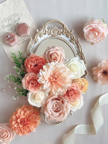 FACINOC Roses Artificial Flowers Orange Fake Flower with Stems for DIY Wedding Bouquets Bridal Baby Shower Centerpiece Table Decorations Silk Faux Floral Arrangements for Party Home Decor Indoor Peach - Image 4