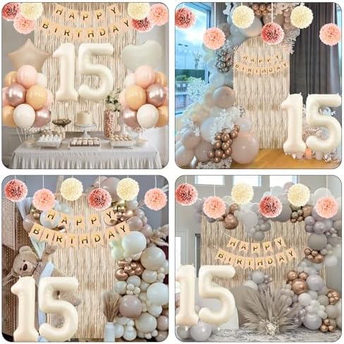 Beige Happy 15th Birthday Party Decoration Girls Cream Number 15 Balloon - Image 6