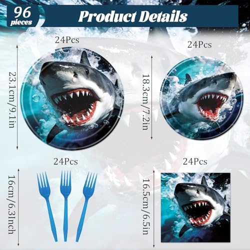 Shark Birthday Party Decorations - 96 Pcs Shark Birthday Plates Napkins Forks Tableware Set Decor, Ocean Under the Sea Dinnerware Set for Summer Boys Baby Shower Serves 24 - Image 2