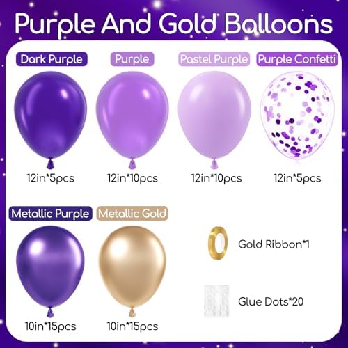 60pcs 12inch Purple and Gold Balloons with Metallic Gold Confetti Balloons - Image 2