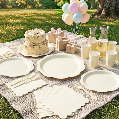 Ivory Party Supplies for 25 Guests, 175 Pcs Elegant Paper Plates and Napkins Set with Cups, Knives, Forks & Spoons, Thickened Decagonal Plates for Bridal Shower Engagement Garden Party - Image 3