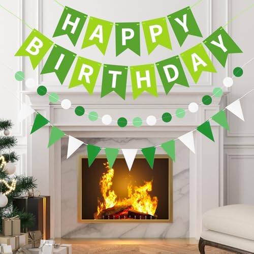 Green Happy Birthday Banner Hanging Sign Circle Dot Triangle Bunting - Image 7