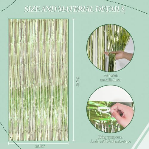 DECOCKRAT 2 Pack Foil Fringe Backdrop - Light Green Shiny Tinsel Curtains for Party Decoration/Photo Booth Props - 3.3x6.6 FT Metallic Foil Backdrop for Birthday, Wedding, Graduation, Christmas. - Image 2