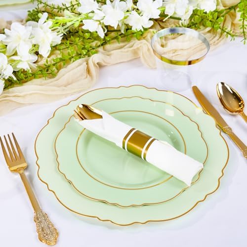 Liacere 350PCS Light Green Plates - Disposable Green and Gold Plastic Plates 50guest Baroque Dinnerware include 100Plates,50Pack Pre Rolled Napkins with Silverware 50Cups for Wedding ＆ Party & Spring - Image 4