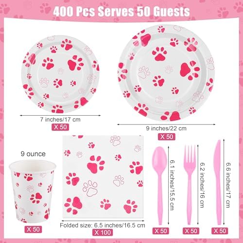 Kochorie 400 Pieces Pink Paw Disposable Party Tableware Sets Dog Puppy Supplies Including Plates Cups Napkins Cutlery Serves 50 for Birthday Puppy Theme Party Decorations - Image 2