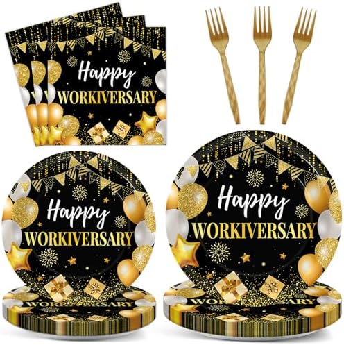 Justforjoyful 96Pcs Happy Work Anniversary Party Supplies Black Gold Happy Workiversary Tableware Dinnerware Set Worker Appreciation Plates Napkins Decorations for Women Men Office Employee Worker by Justforjoyful