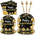 Justforjoyful 96Pcs Happy Work Anniversary Party Supplies Black Gold Happy Workiversary Tableware Dinnerware Set Worker Appreciation Plates Napkins Decorations for Women Men Office Employee Worker by Justforjoyful