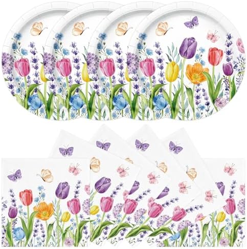 40Pcs Floral Plates and Napkins Party Supplies, Disposable Tulips Plates Napkins Tableware Set for Picnic Wedding Baby Shower Bridal Shower Birthday Tea Party Decorations (Tulip) by Unknown