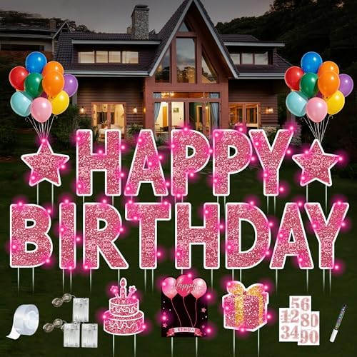 18 Pcs Happy Birthday Yard Sign with Stakes, Pink Happy Birthday Yard Sign with 49.2 Ft LED Light, 16 In Large Personalized Happy Birthday Sign, Waterproof Lawn Garden Birthday Party Decorations by ComboJoy