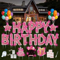 18 Pcs Happy Birthday Yard Sign with Stakes, Pink Happy Birthday Yard Sign with 49.2 Ft LED Light, 16 In Large Personalized Happy Birthday Sign, Waterproof Lawn Garden Birthday Party Decorations by ComboJoy