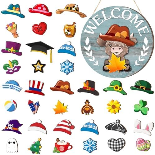 Vicenpal 35 Pcs Fall Interchangeable Highland Cow Welcome Sign, Grey Blue by Vicenpal
