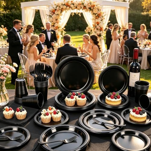 100 Guests Black Plastic Plates and Napkins Party Supplies for Birthday - Image 6
