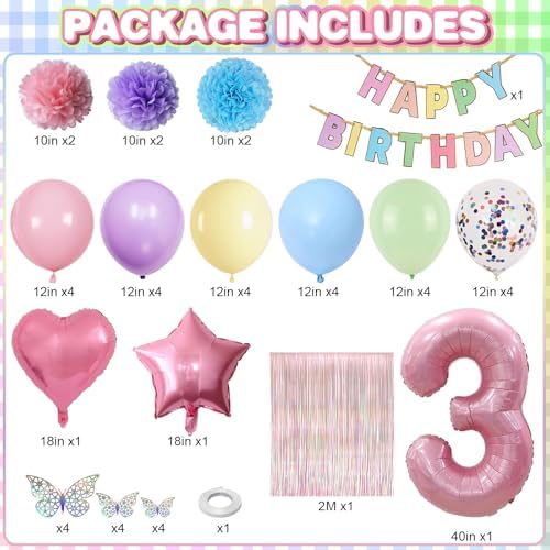Pastel 3rd Birthday Colorful Party Decorations Girls Pink Number 3 Balloon - Image 2