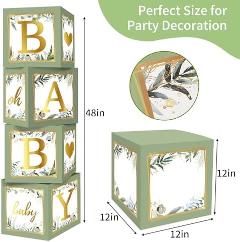 RUBFAC Baby Shower Boxes with Letters, 4pcs Sage Green Baby Shower Decorations for Boy Girl Balloon Boxes Gender Reveal Birthday Party Favors - Image 3