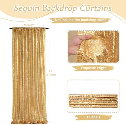 Sequin Backdrop Curtain 4 Pcs 2ftx8ft Wedding Ceremony Background Backdrop Glitter Shimmer Fabric Gold Backdrop Drapes - Image 2
