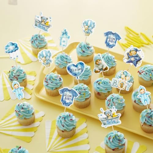 Gyufise 40Pcs Baby Boy Cupcake Toppers Baby Shower Decorations for Boys Balloon Star Moon Bear It's a Boy Cupcake Picks for Baby Shower Kids Boys Birthday Party Supplies Deep Blue - Image 7