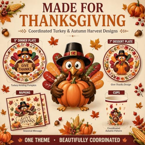 Thanksgiving Party Supplies for 24 Guests, Turkey Disposable Dinnerware Set with Dinner Plates, Dessert Plates, Cups, Napkins, Forks & Tablecloth, Give Thanks Fall Decorations for Thanksgiving Dinner - Image 2