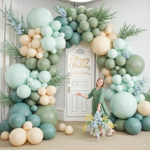 412Pcs Dusty Blue Green Balloon Garland Arch Kit,Haze Fog Blue Ash Mist Sage Green Sand White Gold Balloons Different Sizes Matte Latex Balloons for Baby Shower Birthday Wedding Party Decorations - Image 7