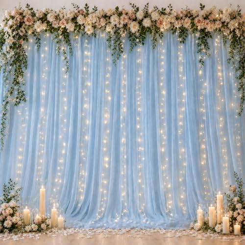 Ledido 10×8ft Blue Tulle Backdrop Curtains with Lights(6 Panels 5×8ft) by Ledido