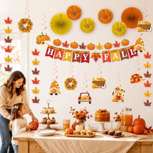 Biswiter Fall Decor, Hello Fall Banner & Pumpkin Paper Lanterns Set - Image 2