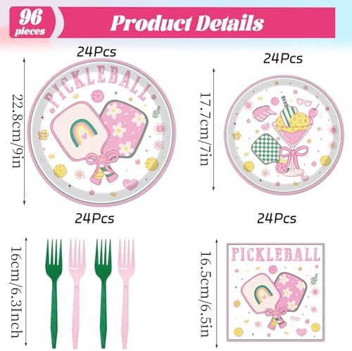 Pickleball Birthday Party Decorations Tableware, 96PCS Pickle Ball Disposable Pink Paper Plates and Napkins Decoration, Ball Theme Forks Decor Supplies Serve for 24 Guest - Image 2
