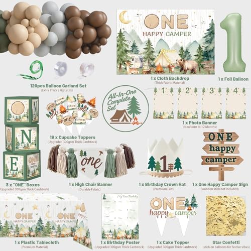 One Happy Camper Birthday Decorations, Camping first Birthday Party decorations, Camp 1st birthday Party Supplies Decor, Balloon Arch One Boxes High Chair Banner Crown Cake Topper Tablecloth Confetti - Image 6