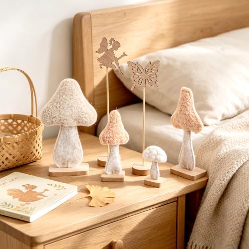 Fairy Garden Mushroom Decorations, 6Pcs Enchanted Forest Felt Wood Toppers - Image 5