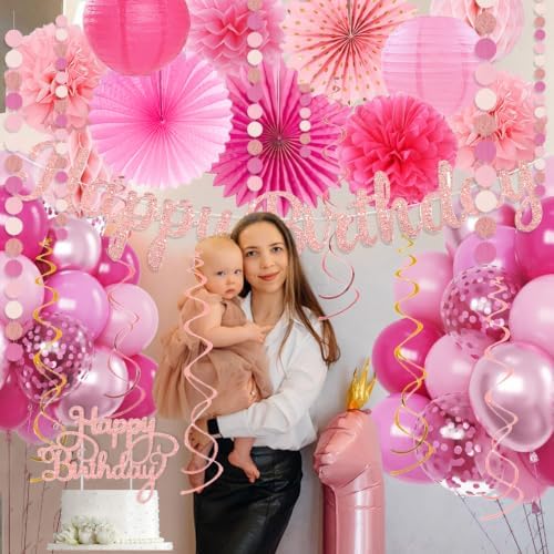 Hot Pink Boho Birthday Party Decorations - 62pcs Happy Birthday Banner, Pink Rustic Paper Lanterns, Streamers, Tissue Pom Poms, Rose Gold Blush Party Balloons, Birthday Decorations for Women Girl - Image 5