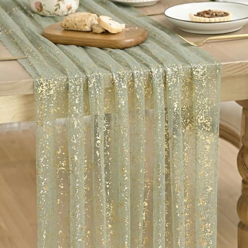 Artoid Mode Sage Green Gold Gauze Table Runner 59x120 Inch 10FT, Glitter Metallic Foil Sheer Dining Wedding Anniversary Holiday Birthday Table Decor for Home Party by ArtoidMode