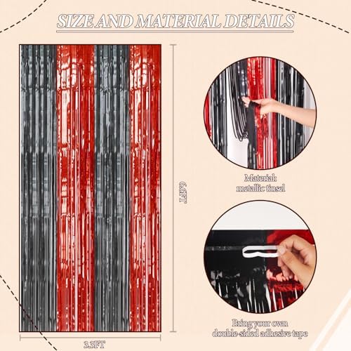 DECOCKRAT 2 Pack Foil Fringe Backdrop - Red&Black Shiny Tinsel Curtains for Party Decoration/Photo Booth Props - 3.3x6.6 FT Metallic Foil Backdrop for Birthday, Wedding, Graduation, Christmas. - Image 3