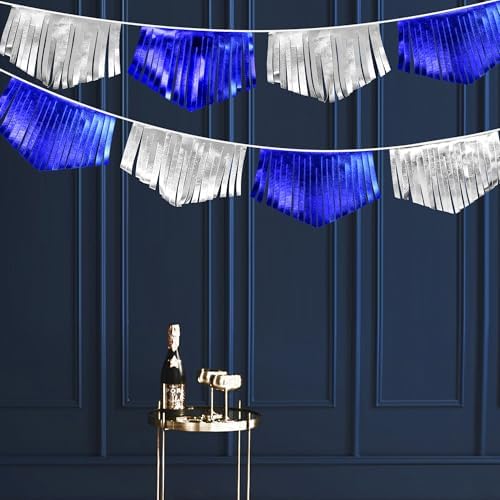 Royal Blue Silver Tassel Banner Metallic Fabric Pennant Bunting Flag for Graduation Birthday Retirement Bachelorette Engagement Wedding Bridal Shower Navy Nautical Ahoy Achor Party Decoration Supplies by pinkblume