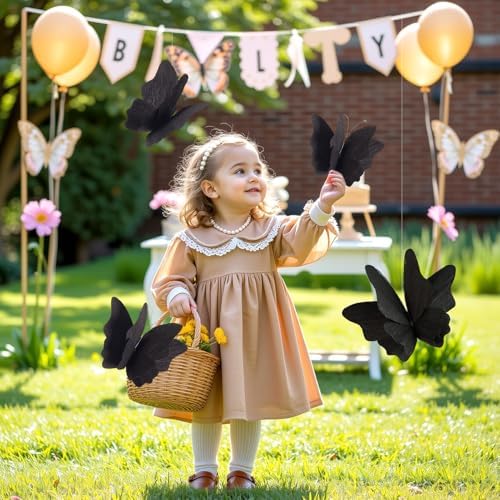 Party Butterfly Decorations, Black 3D Butterfly Birthday Decoration, 4 Pcs Crepe Paper Hanging Decor for Room, School, Black Theme, Flower Party for Garden, Dining Table Decor - Image 6