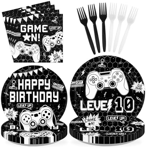 96Pcs Black Video Game 10th Birthday Party Supplies for Boys Serves 24 by Greencian
