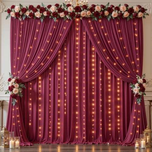 Burgundy Backdrop Curtains with Lights for Parties,20x10FT Wrinkle Free Wedding Photo Backdrop Curatin Drapes Fabric for Baby Shower Birthday Ceremony Reception Home Party Decorations by Partisky